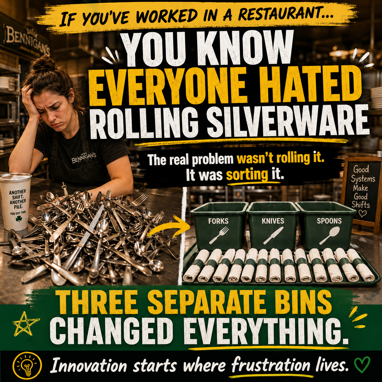Restaurant silverware social graphic contrasting mixed utensils with separate forks, knives, and spoons bins